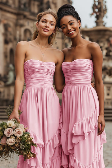 Blush A-Line Ruched Strapless Bridesmaid Dress With Ruffles